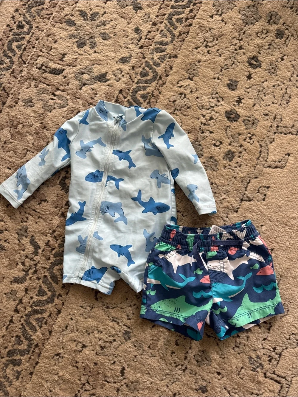 Carter’s Boys Swim Trunks Swim Onesie Sharks Shakes Blue 6 months Bundle Lot